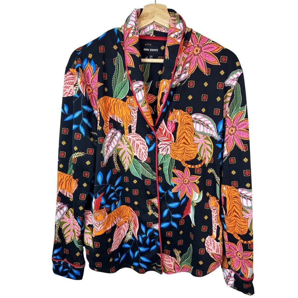 Room Service Pajama Top Women's M Tiger Tropical Floral Black Button Long Sleeve